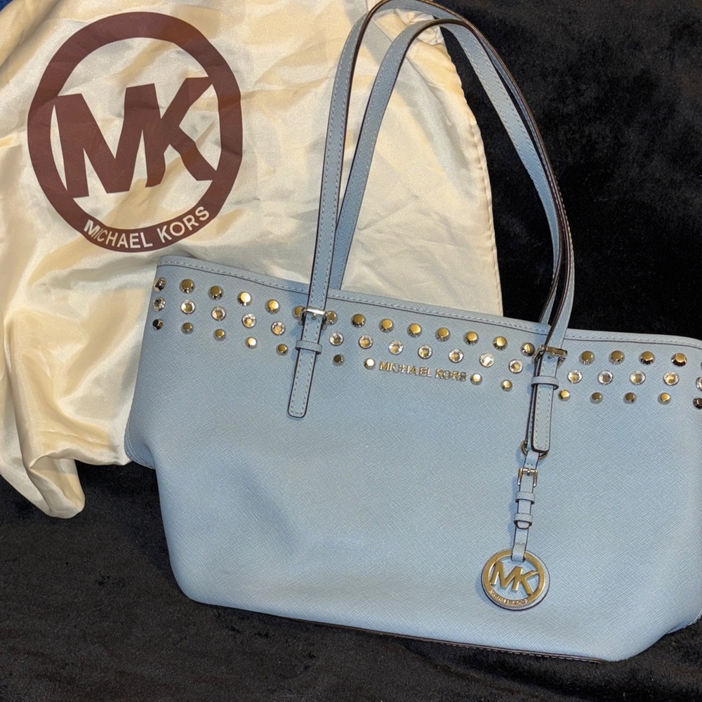 Michael Kors Light Blue Tote with Gold Studs